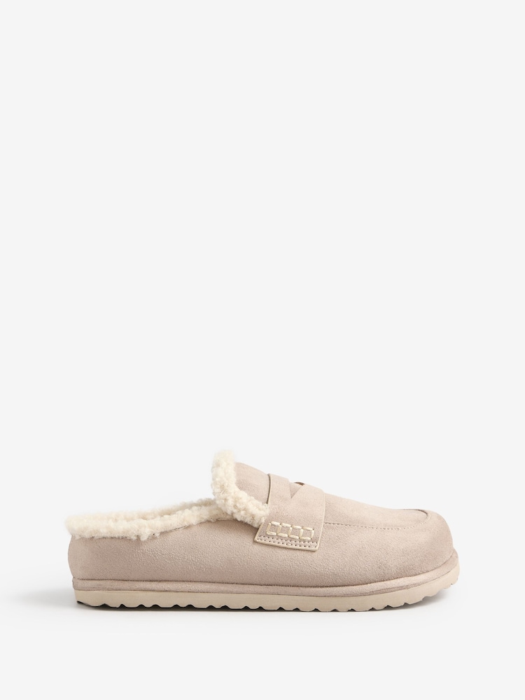 Friends Like These Taupe Faux Suede Borg Trim Slip On Casual Footbed Clogs - Image 2 of 4