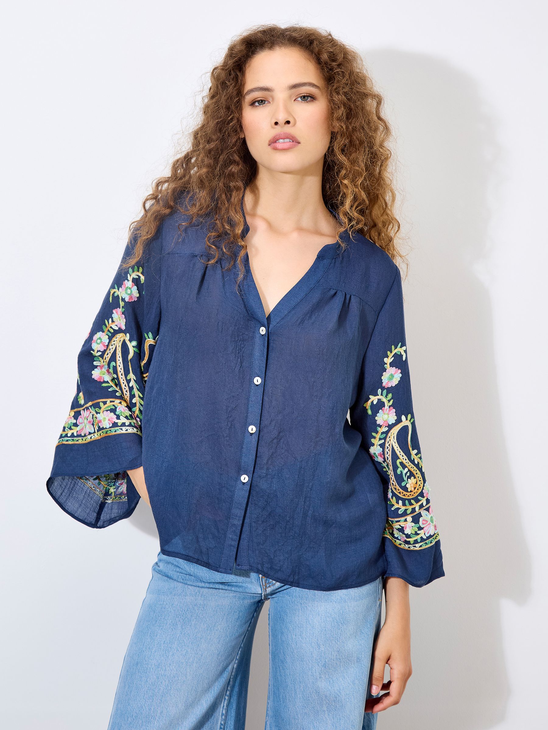 Buy Apricot Blue Paisley Embroidered Bell Sleeve Blouse from the