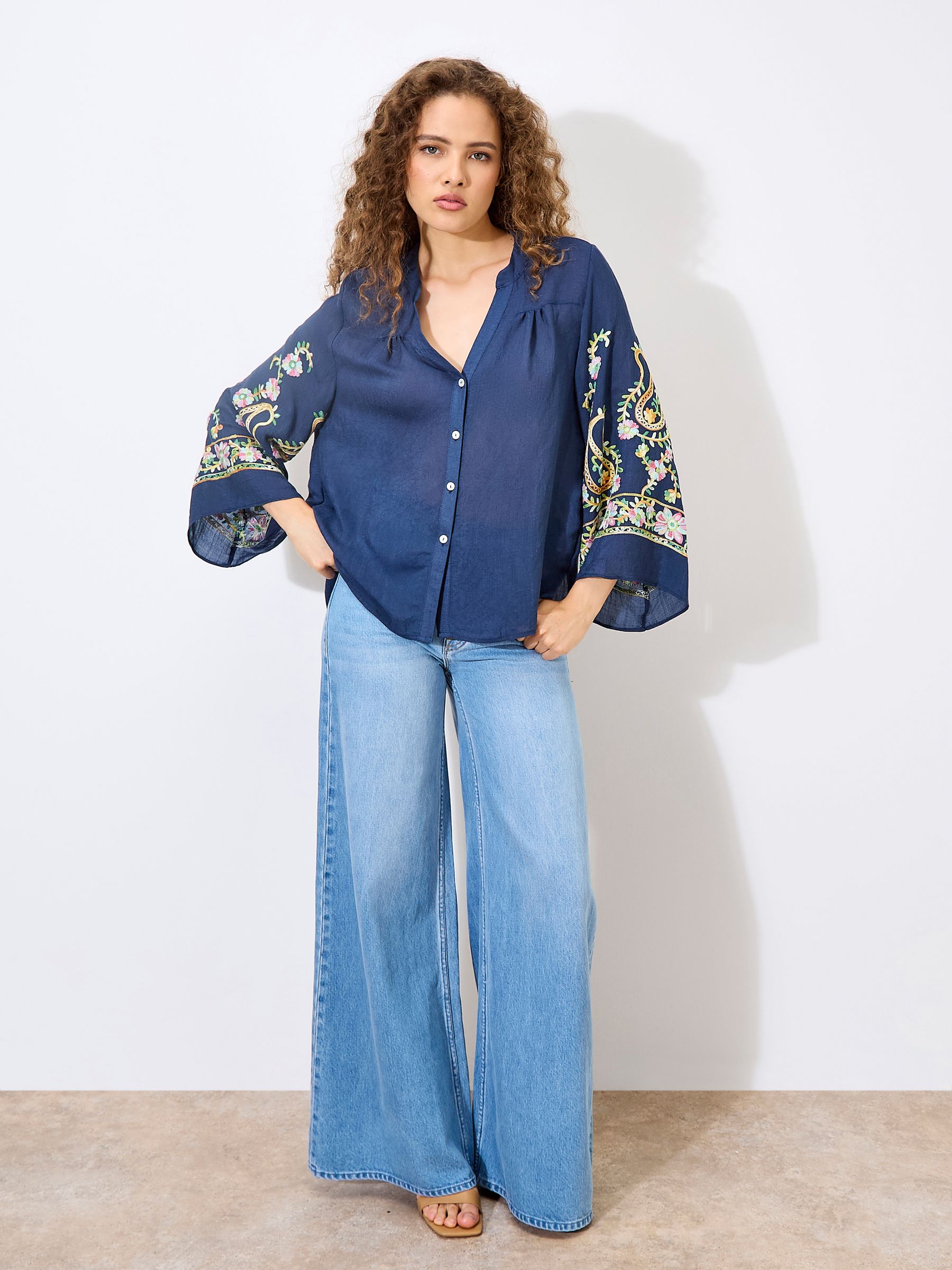 Buy Apricot Blue Paisley Embroidered Bell Sleeve Blouse from the