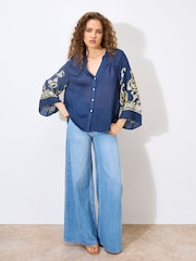 Apricot Blue Paisley Embroidered Bell Sleeve Blouse - Image 2 of 4