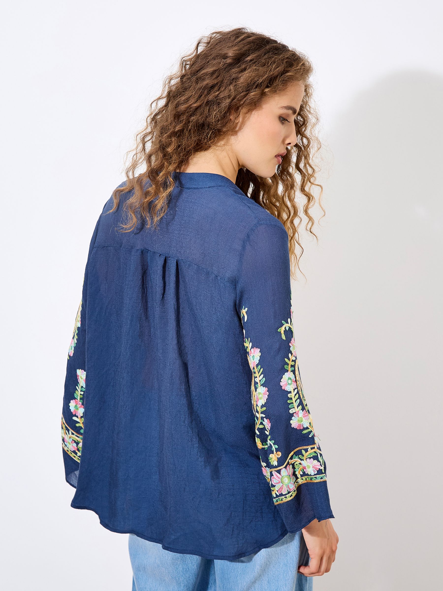 Buy Apricot Blue Paisley Embroidered Bell Sleeve Blouse from the