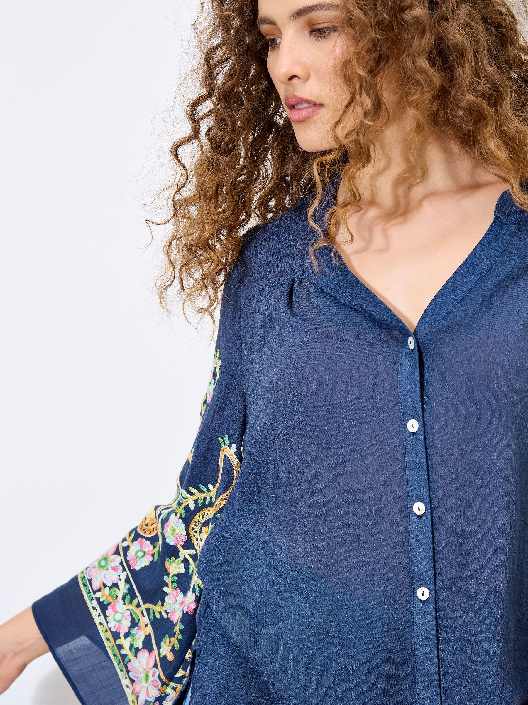Buy Apricot Blue Paisley Embroidered Bell Sleeve Blouse from the