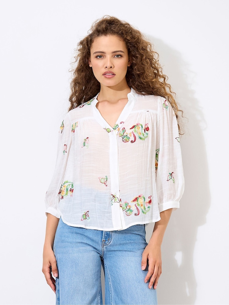 Apricot White Floral Paisley Embroidered Blouse - Image 1 of 4