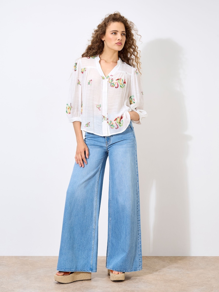 Apricot White Floral Paisley Embroidered Blouse - Image 2 of 4