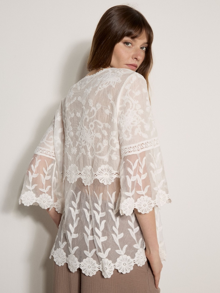 Apricot White Embroidered Mesh Layered Top - Image 2 of 5
