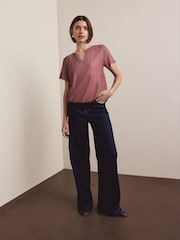Pink Short Sleeve Notch Neck Shirred Bubblehem Top - Image 1 of 1