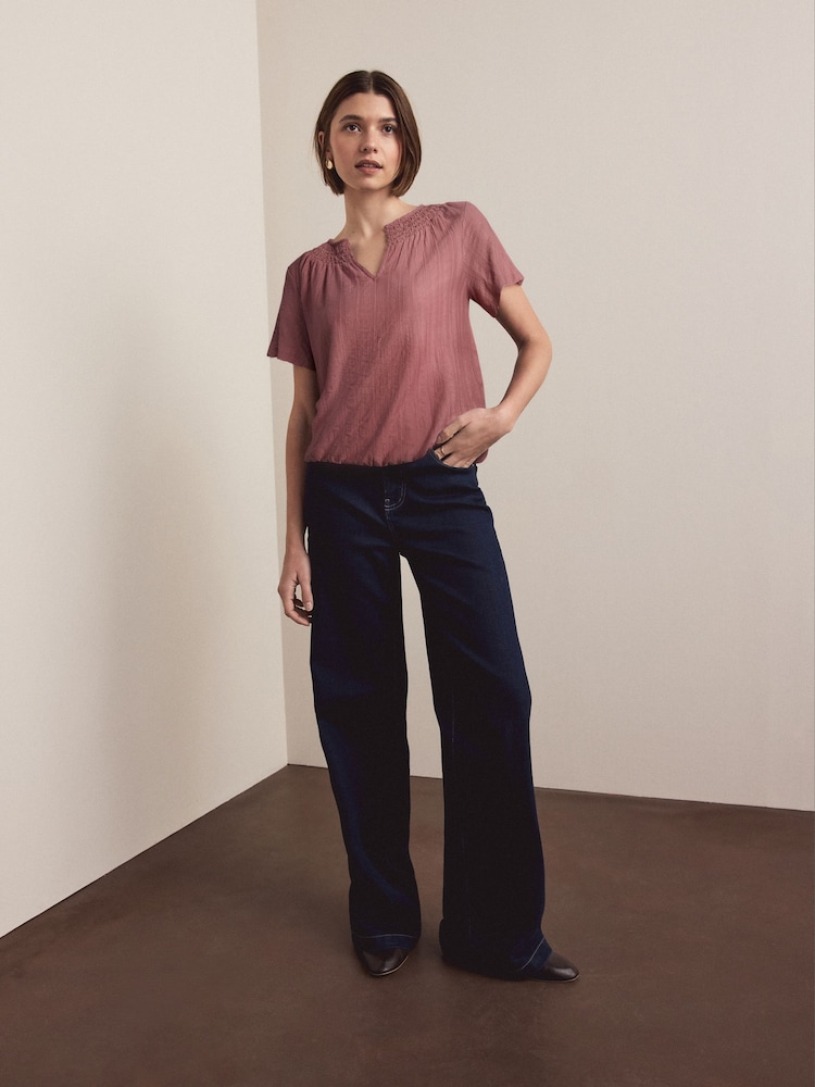 Pink Short Sleeve Notch Neck Shirred Bubblehem Top - Image 1 of 1
