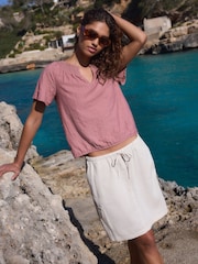 Pink Short Sleeve Notch Neck Shirred Bubblehem Top - Image 2 of 7