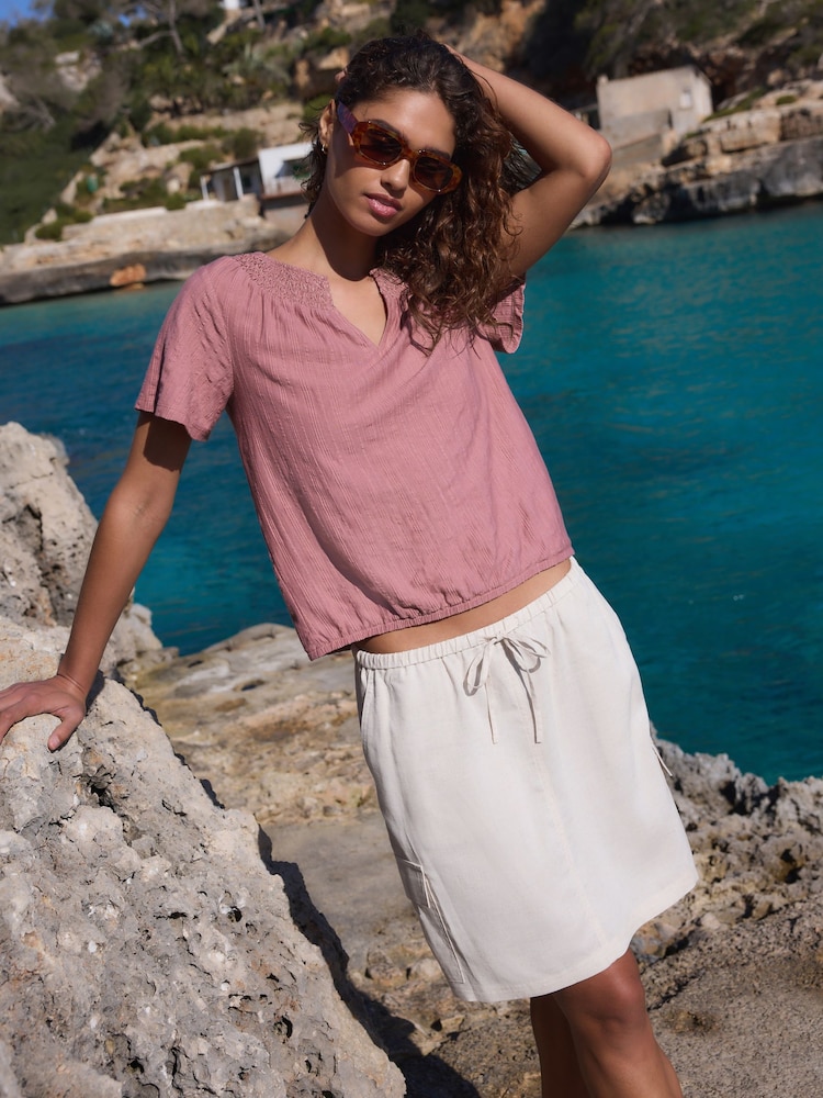Pink Short Sleeve Notch Neck Shirred Bubblehem Top - Image 2 of 7 Pink Short Sleeve Notch Neck Shirred Bubblehem Top - Image 2 of 7