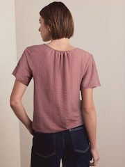 Pink Short Sleeve Notch Neck Shirred Bubblehem Top - Image 3 of 7