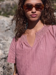 Pink Short Sleeve Notch Neck Shirred Bubblehem Top - Image 4 of 7