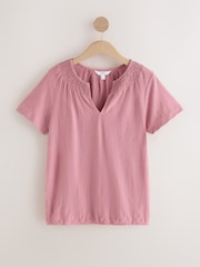 Pink Short Sleeve Notch Neck Shirred Bubblehem Top - Image 5 of 7