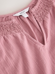 Pink Short Sleeve Notch Neck Shirred Bubblehem Top - Image 6 of 7