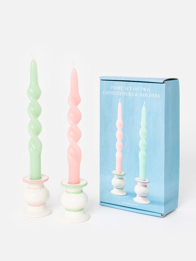 Oliver Bonas Cream Fiore Ceramic Candle Holders & Candlestick Set of Two - Image 2 of 4