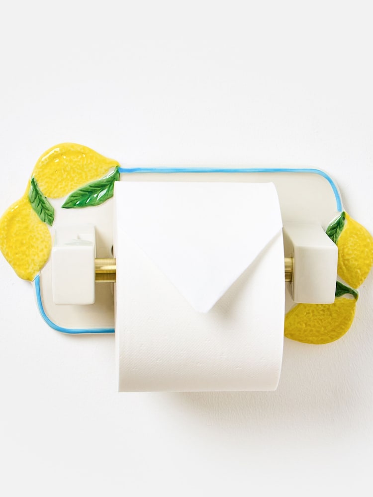 Oliver Bonas Cream Lemon Ceramic Toilet Roll Holder - Image 2 of 5