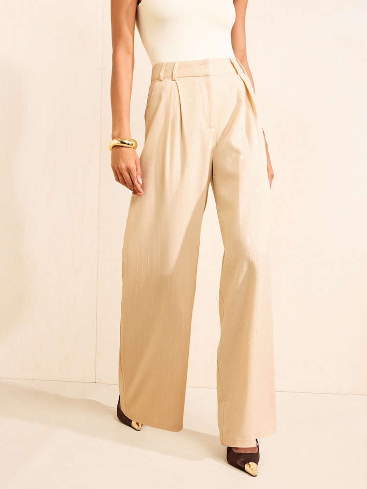 Кремовий - Friends Like These Premium Sequin Pinstripe Wide Leg Trousers - Image 2 of 5
