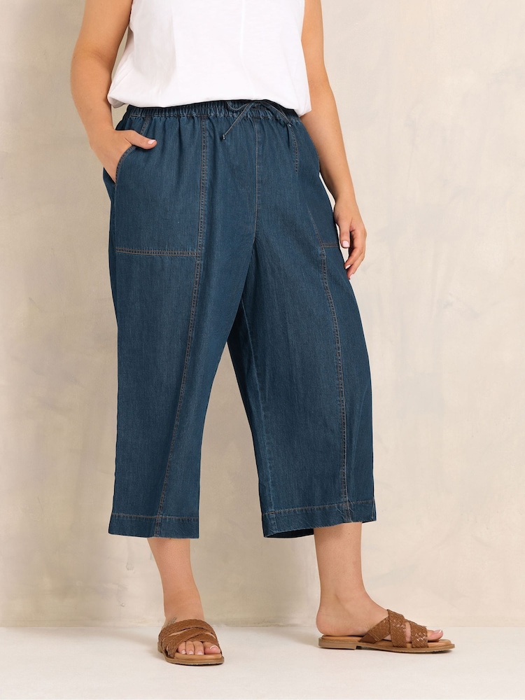 Evans Blue Cropped Wide Leg Pull On Trousers - Image 1 of 5 Evans Blue Cropped Wide Leg Pull On Trousers - Image 1 of 5