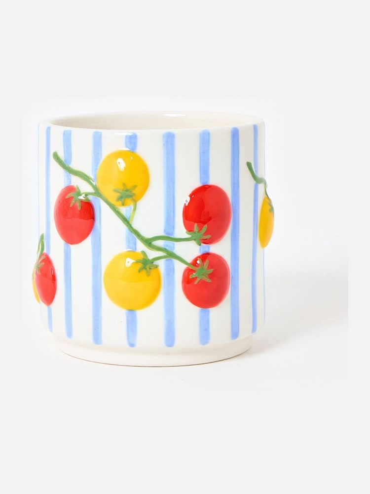 Oliver Bonas Blue Stripe Tomato Ceramic Plant Pot - Image 2 of 5