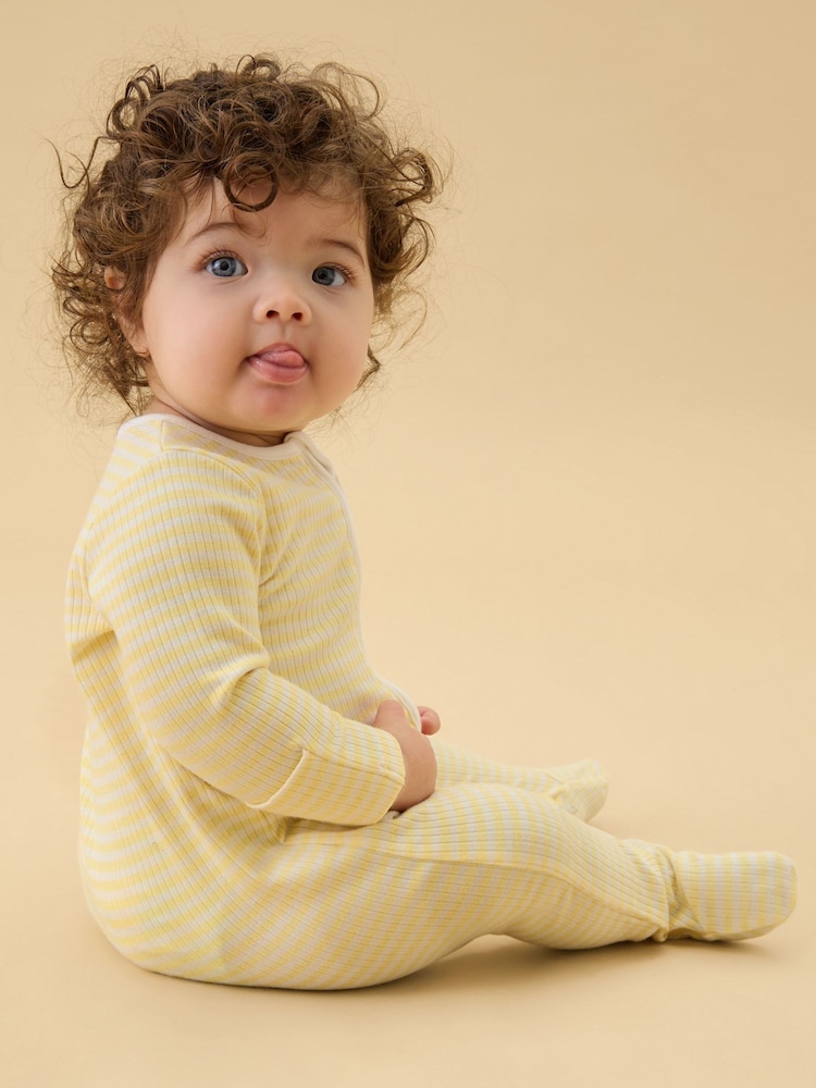 MORI Yellow Stripe Ribbed Supersoft Two Way Zip Up Sleepsuit - Image 1 of 3