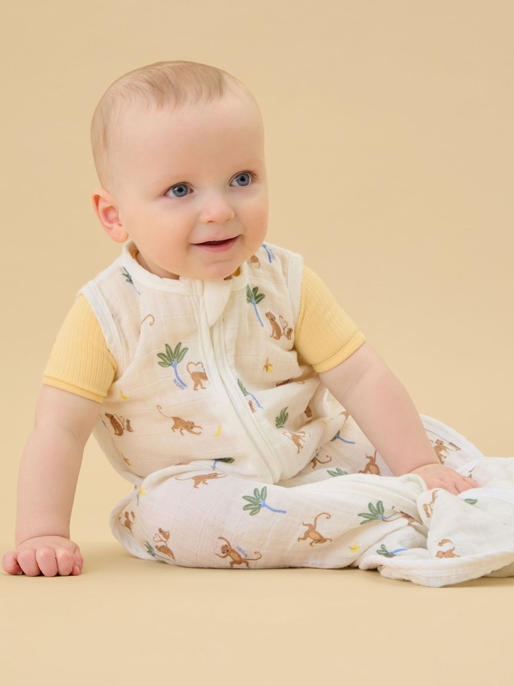 MORI Cream Monkey Print Soft Muslin Front Opening Sleeping Bag 0.5 TOG - Image 1 of 3