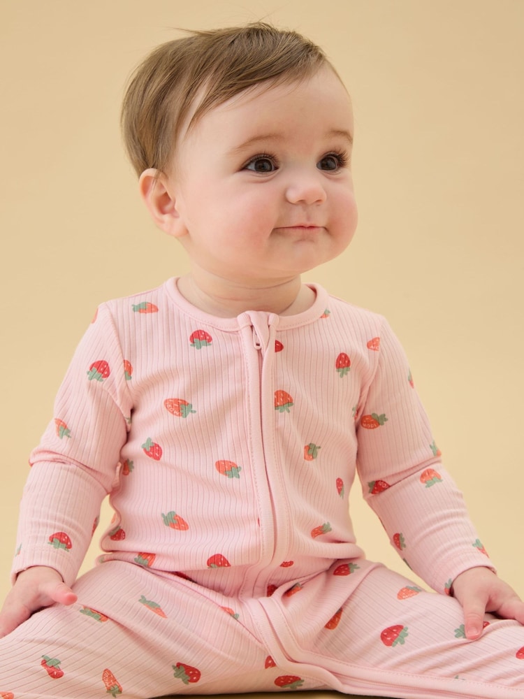 MORI Pink Strawberry Fields Supersoft Ribbed Two Way Zip Up Sleepsuit - Image 1 of 4 MORI Pink Strawberry Fields Supersoft Ribbed Two Way Zip Up Sleepsuit - Image 1 of 4