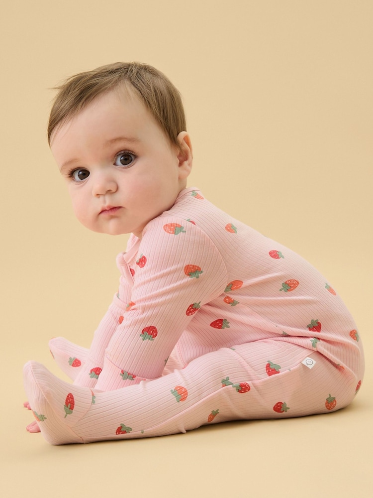 MORI Pink Strawberry Fields Supersoft Ribbed Two Way Zip Up Sleepsuit - Image 2 of 4 MORI Pink Strawberry Fields Supersoft Ribbed Two Way Zip Up Sleepsuit - Image 2 of 4