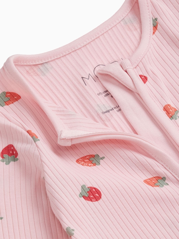 MORI Pink Strawberry Fields Supersoft Ribbed Two Way Zip Up Sleepsuit - Image 4 of 4 MORI Pink Strawberry Fields Supersoft Ribbed Two Way Zip Up Sleepsuit - Image 4 of 4