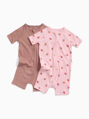 MORI Pink Strawberry Fields Supersoft Ribbed Summer Zip-Up Romper 2 Pack - Image 1 of 4