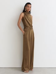 Reiss Khaki Green Erica Petite Satin Cowl-Neck Wide-Leg Jumpsuit - Image 1 of 8