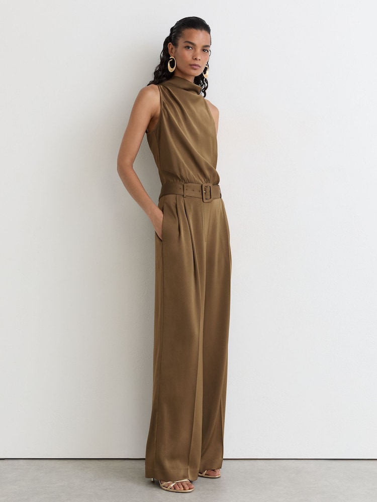 Reiss Khaki Green Erica Petite Satin Cowl-Neck Wide-Leg Jumpsuit - Image 1 of 8
