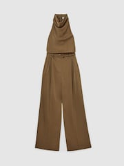 Reiss Khaki Green Erica Petite Satin Cowl-Neck Wide-Leg Jumpsuit - Image 2 of 8
