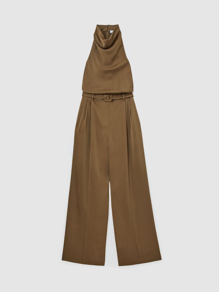 Reiss Khaki Green Erica Petite Satin Cowl-Neck Wide-Leg Jumpsuit - Image 2 of 8