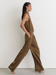 Reiss Khaki Green Erica Petite Satin Cowl-Neck Wide-Leg Jumpsuit - Image 4 of 8