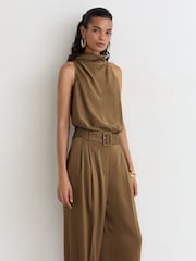 Reiss Khaki Green Erica Petite Satin Cowl-Neck Wide-Leg Jumpsuit - Image 5 of 8