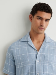 Reiss Soft Blue/White Moran Textured Check Cuban-Collar Shirt with Cotton - Image 1 of 7