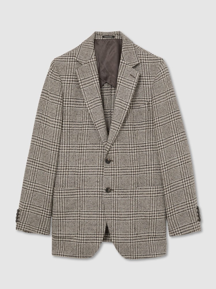 Reiss Brown/White Tuscan Classic Fit Wool-Blend Houndstooth Single-Breasted Blazer - Image 2 of 8 Reiss Brown/White Tuscan Classic Fit Wool-Blend Houndstooth Single-Breasted Blazer - Image 2 of 8