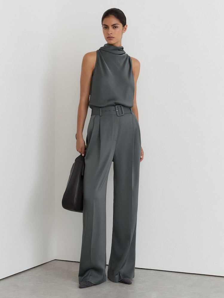 Reiss Dark Grey Erica Petite Satin Cowl-Neck Wide-Leg Jumpsuit - Image 1 of 7