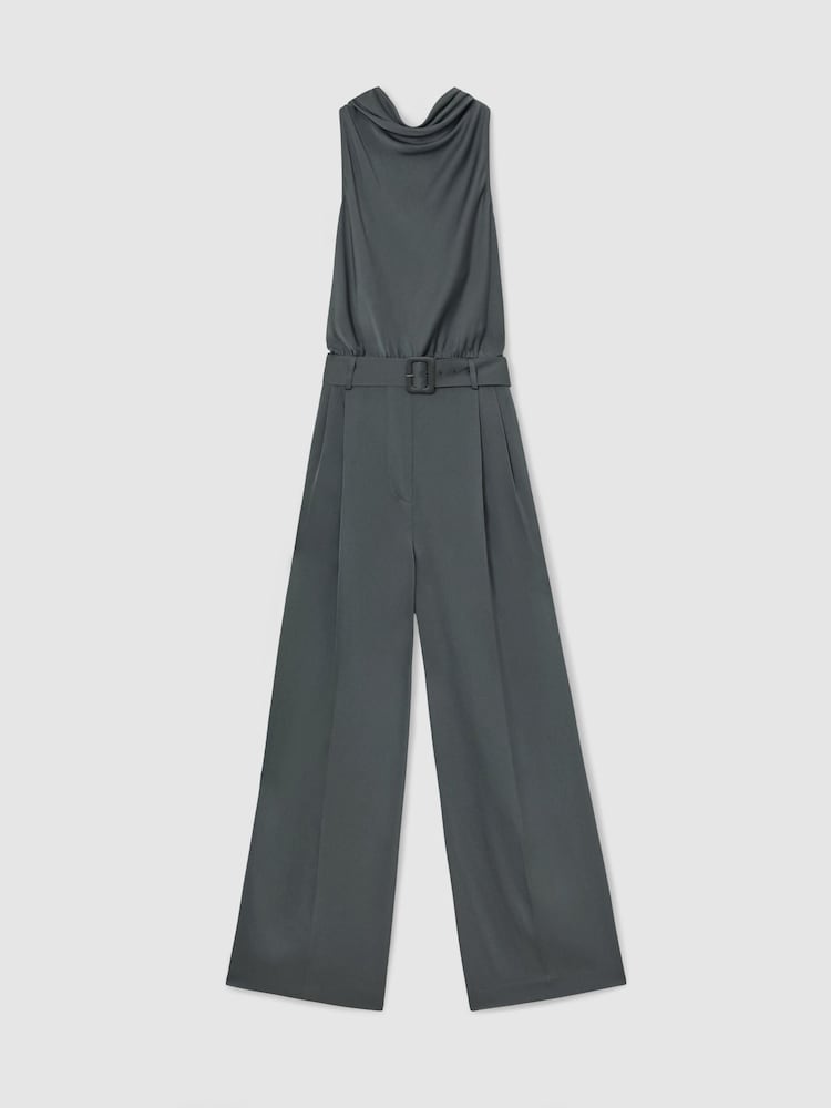 Reiss Dark Grey Erica Petite Satin Cowl-Neck Wide-Leg Jumpsuit - Image 2 of 7