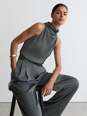 Reiss Dark Grey Erica Petite Satin Cowl-Neck Wide-Leg Jumpsuit - Image 5 of 7