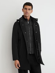 Negro - Reiss Hilson Hybrid Gilet-Insert Overcoat with Detachable Hood - Imagen 1 de 8