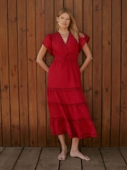 紅色 - Mint Velvet 棉質波浪邊飾連身長裙 - 圖片 1/8