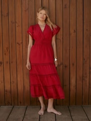 紅色 - Mint Velvet 棉質波浪邊飾連身長裙 - 圖片 3/8