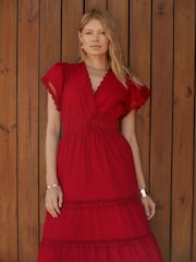 紅色 - Mint Velvet 棉質波浪邊飾連身長裙 - 圖片 6/8