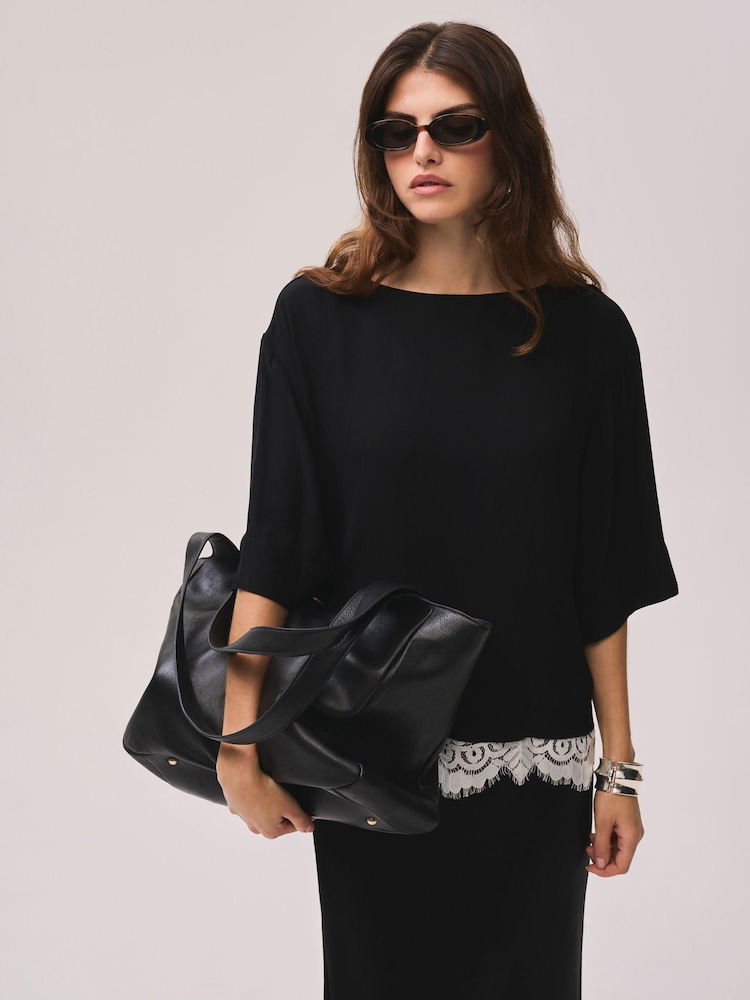 Mint Velvet Black Satin Lace Trim Top - Image 1 of 8