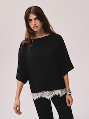 Mint Velvet Black Satin Lace Trim Top - Image 2 of 8