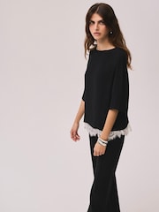 Mint Velvet Black Satin Lace Trim Top - Image 5 of 8