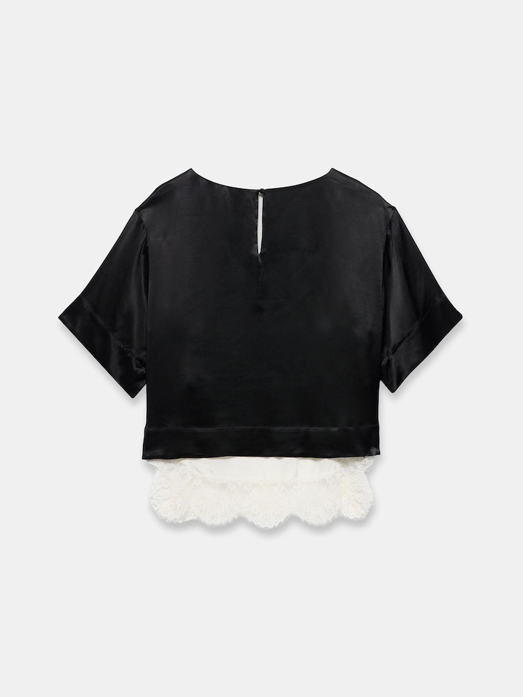 Mint Velvet Black Satin Lace Trim Top - Image 8 of 8