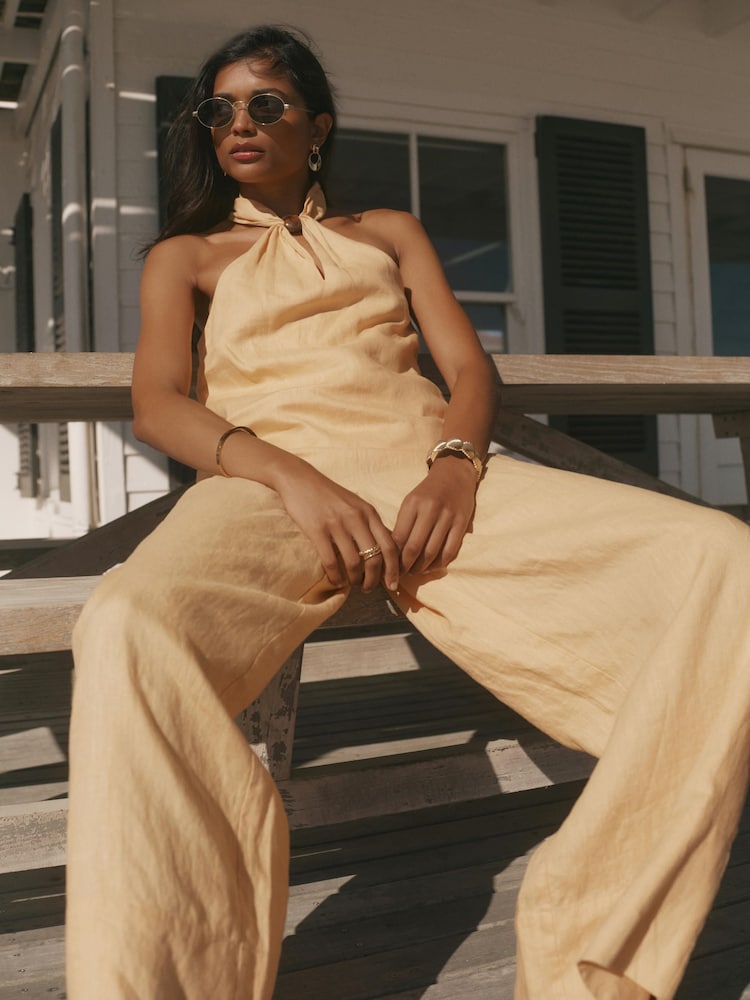 黃色 - Mint Velvet Linen Drawstring Wide Leg Trousers - 圖片 2/8