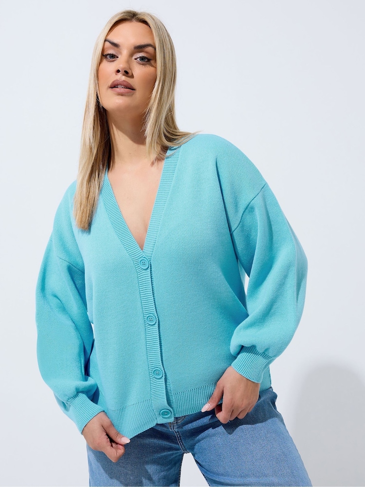 Yours Curve Blue Limited Balloon Sleeve Cardigan - Image 1 of 5