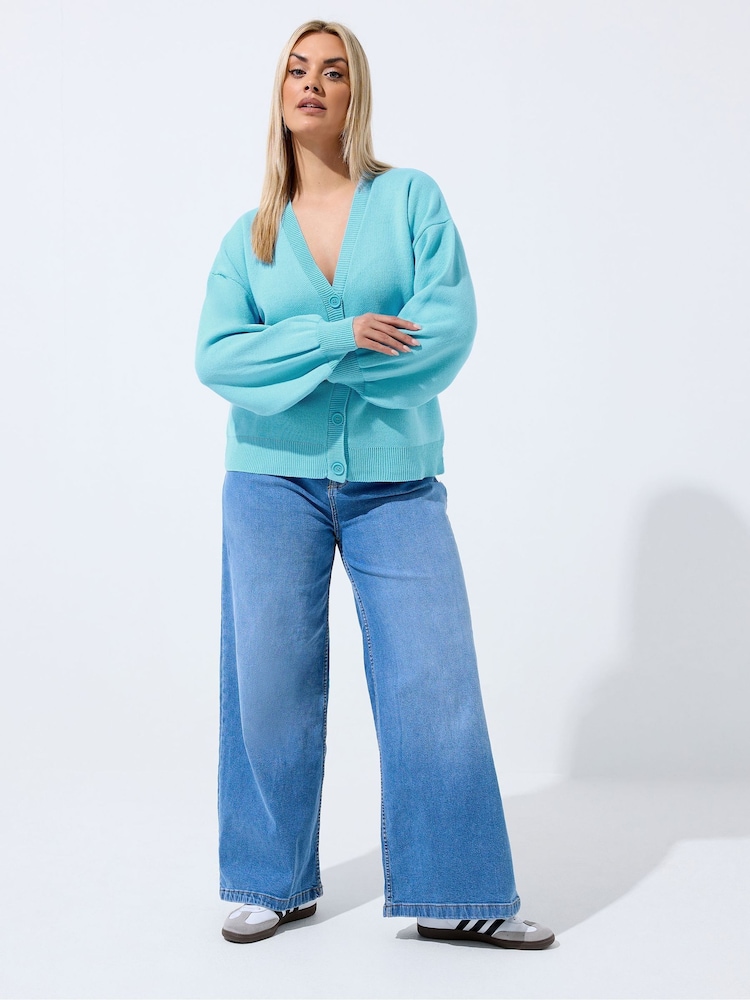 Yours Curve Blue Limited Balloon Sleeve Cardigan - Image 2 of 5